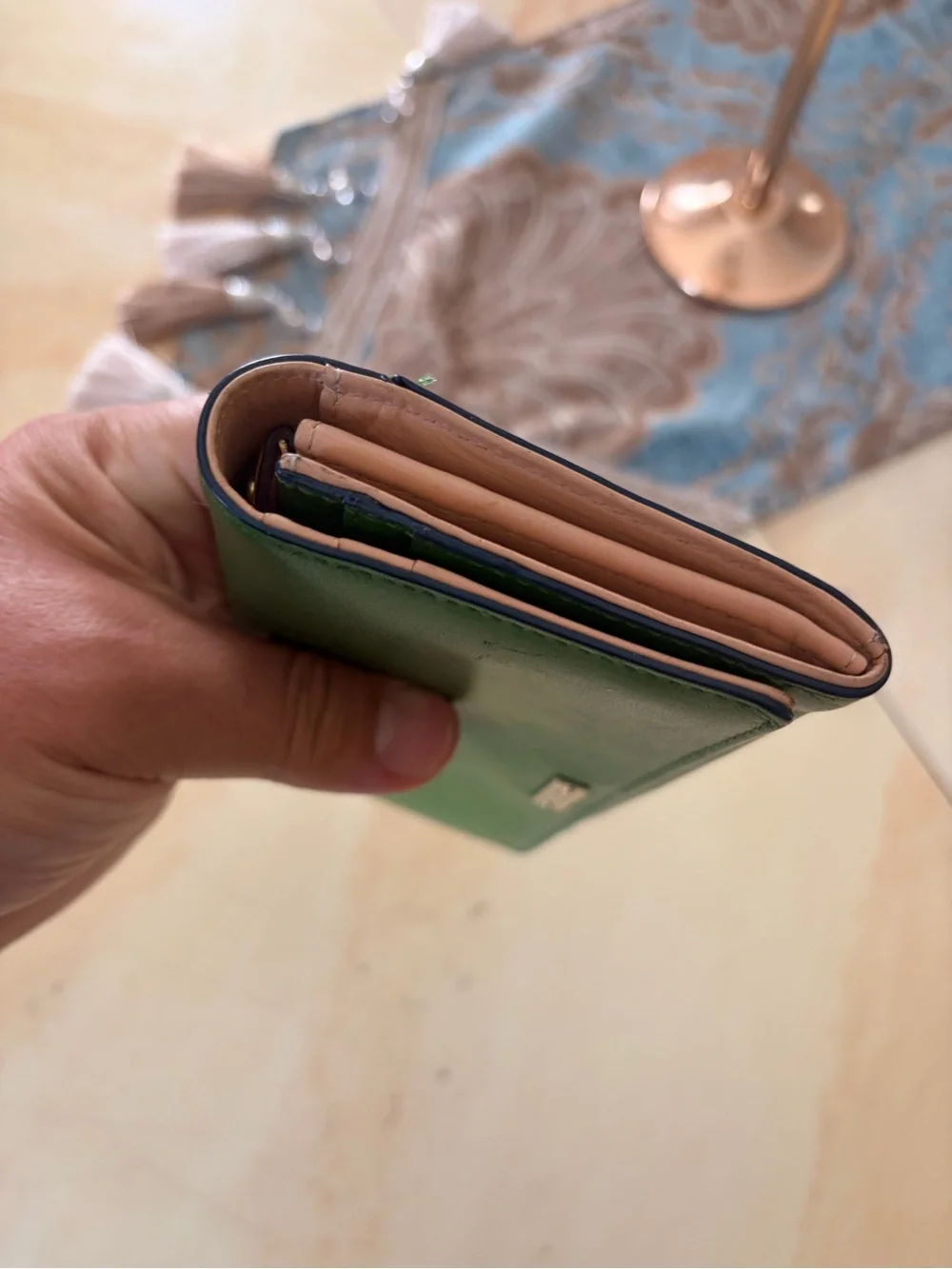 kate spade Green Leather Wristlet Clutch with Silver Plaque very high-end